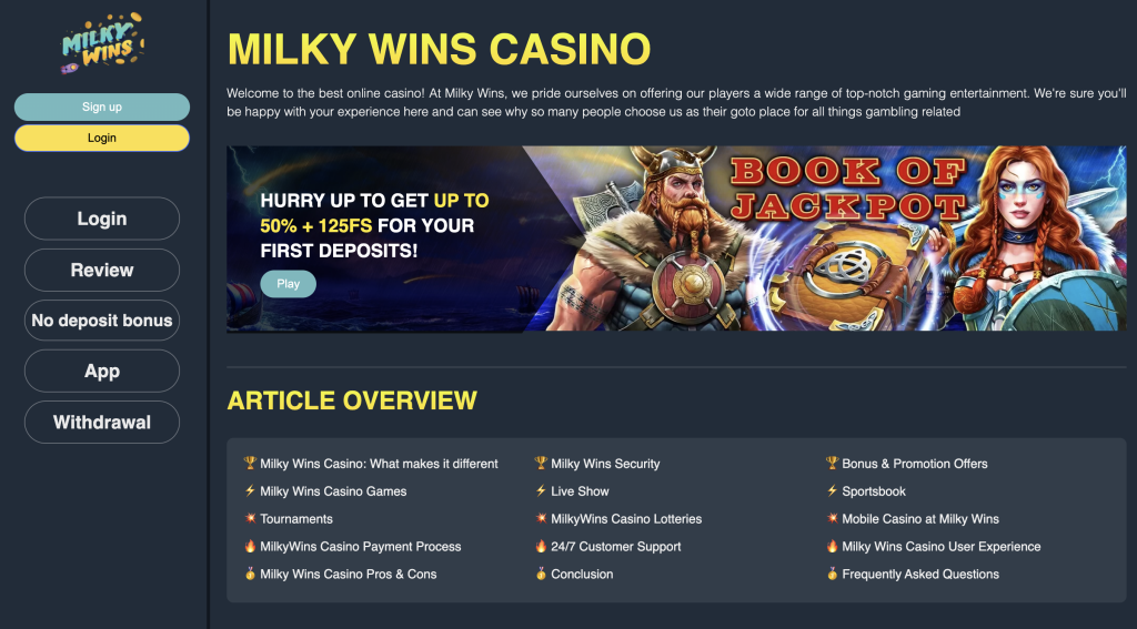 Image of Milky wins Casino website