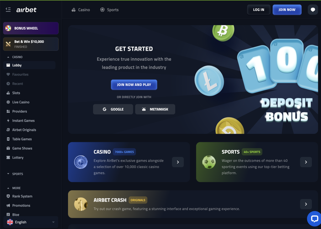 image of airbet casino website