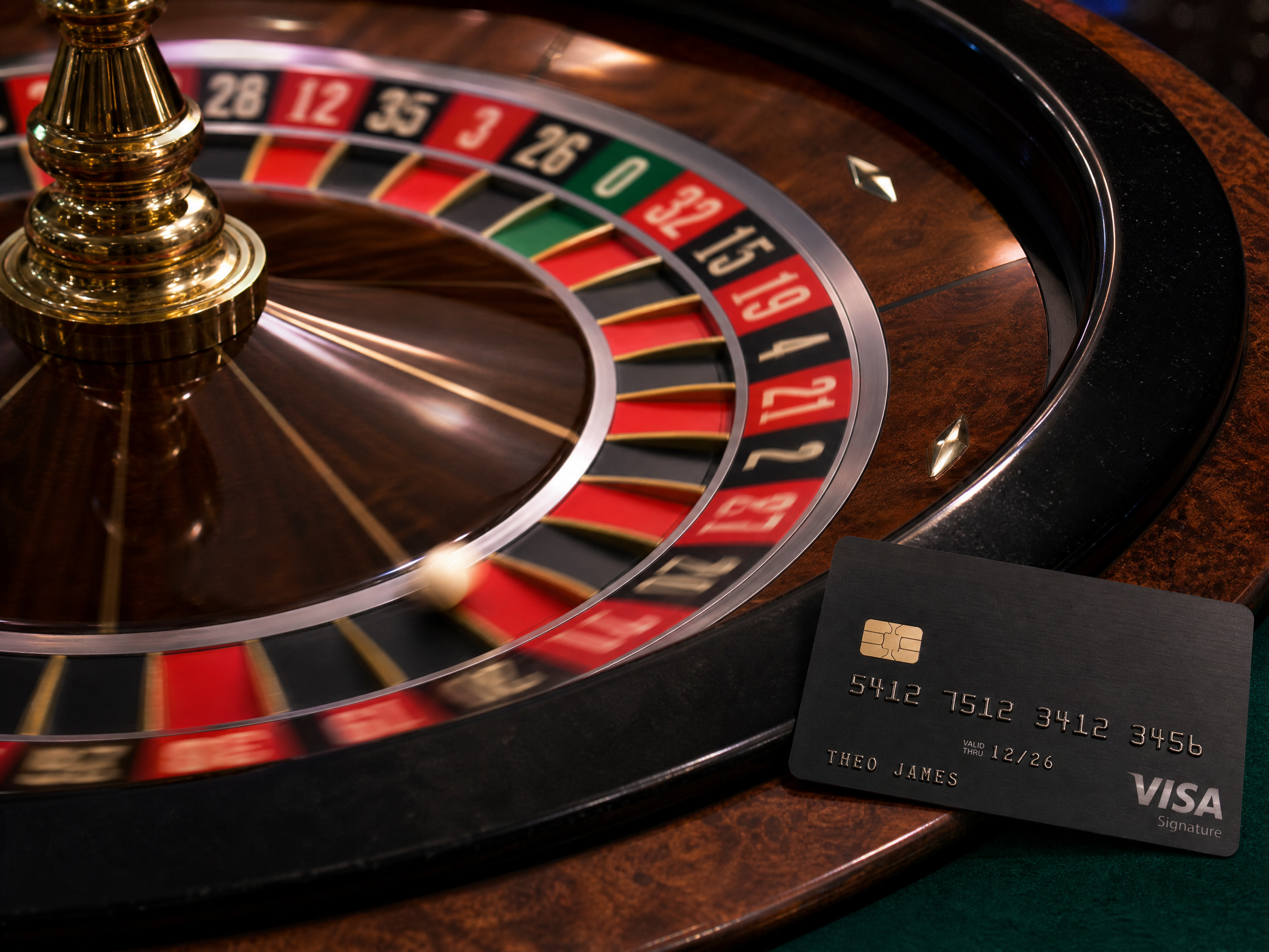 A sleek American Express credit card resting beside a high-end casino blackjack table with casino chips and glowing neon lights.