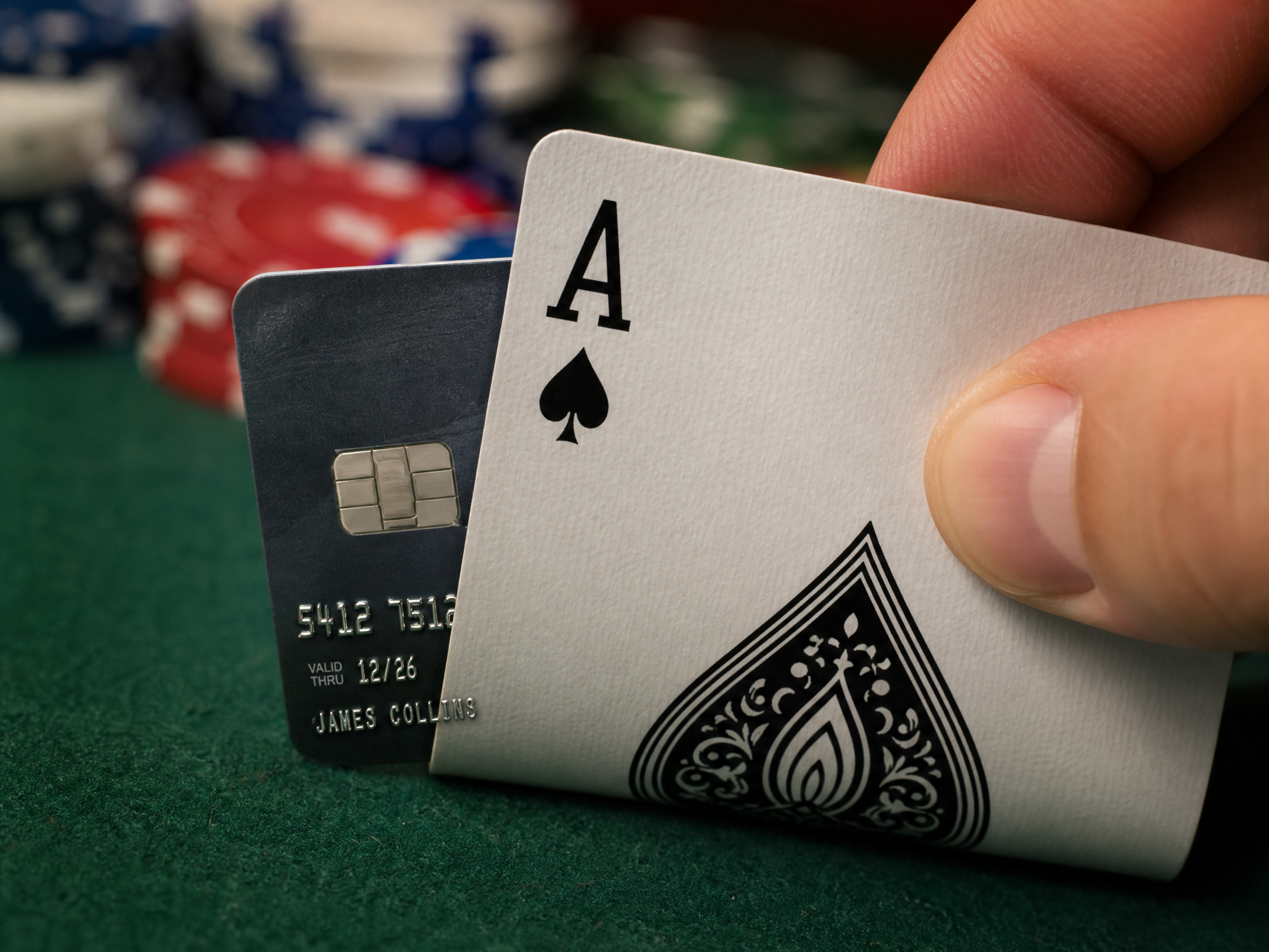 A professional gamer playing online slots on a laptop with a credit card nearby, featuring a sleek modern dashboard.