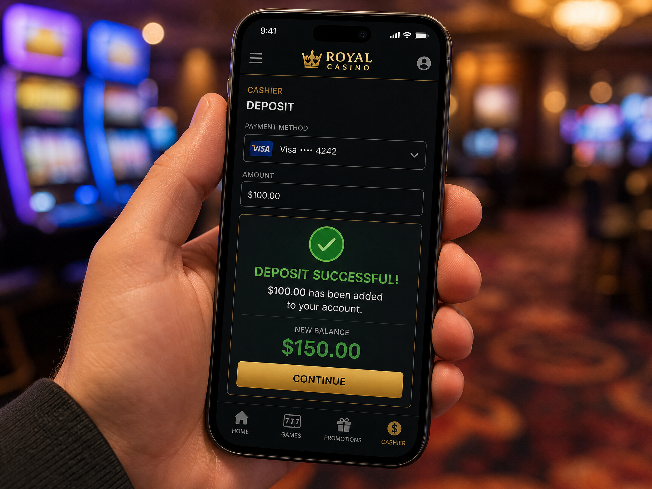 A close-up of a high roller making a premium credit card deposit at an offshore online casino interface on a tablet.